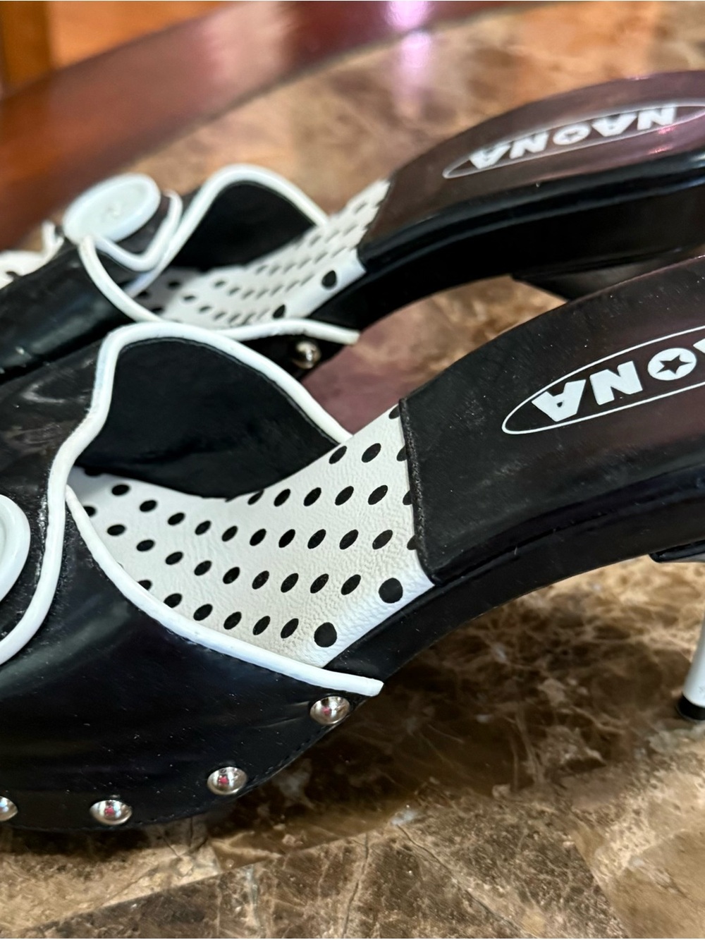 Polka Dot Black and White Heeled Sandals by Nona